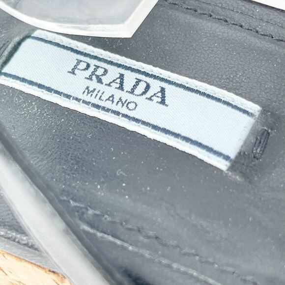 Prada Black Raffia Crochet Logo Wedge Leather Lace Up Ankle Tie Sandal IT 41 - Picture 9 of 13